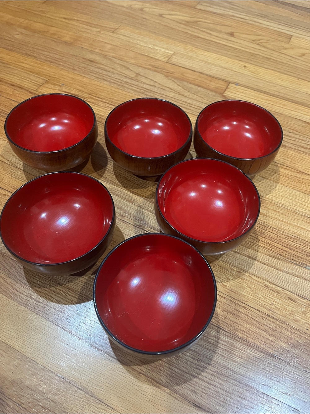 Vintage Red Lacquer Interior Wooden Dining Bowls - Set of 6